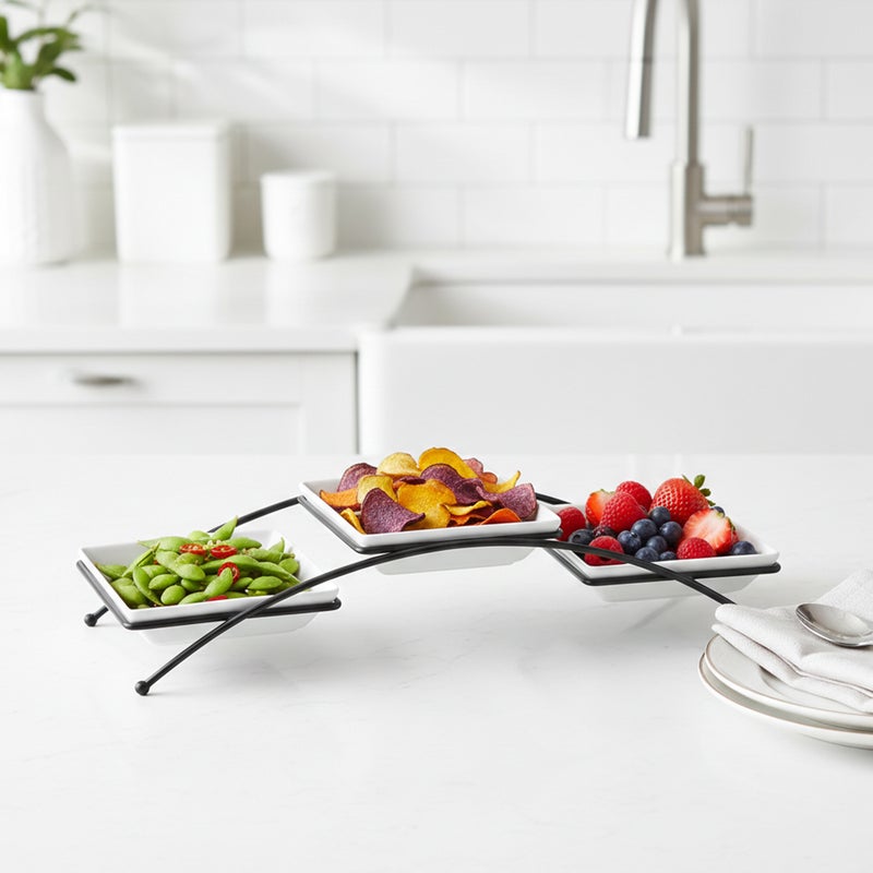 Shallow Serving Bowl Set – 3PCS Square 14cm Porcelain & New Bone China Bowls with Metal Stand for Dates, Sweets, Eid & Family Gatherings - Image 4